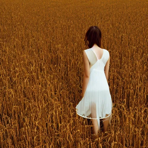 Prompt: very coherent hyper realistic symmetrical photo, perfect body, aerial shot, a beautiful photo from the back of a petite brunette girl in a transparent sheer fabric white dress standing on a bright yellow rye field, a lot of clouds, trending on artstation, detailed, mild, ethereal, elegant, tender