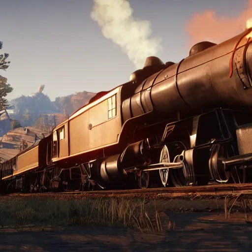 Image similar to futuristic sleek steam locomotive in red dead redemption 2