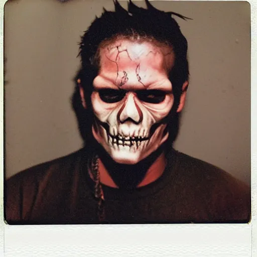 Image similar to polaroid photo of man ’ s mangled face like ghost rider, blood and bone, mexican cartel