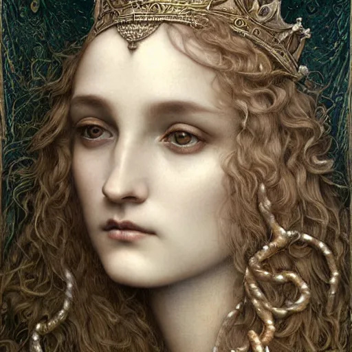 Image similar to detailed realistic beautiful young medieval queen face portrait by jean delville, tom bagshaw, brooke shaden, gustave dore and marco mazzoni, art nouveau, symbolist, visionary, gothic, pre - raphaelite, ornate gilded medieval icon, surreality