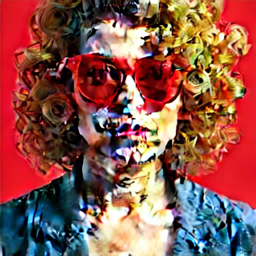 Prompt: a cinematic portrait scene alia shawkat with blonde curly hair, red cheeks, and big round red sunglasses, yellow background, intricate, elegant, highly detailed, digital painting, artstation, concept art, smooth, sharp focus, illustration, art by artgerm and greg rutkowski and alphonse mucha