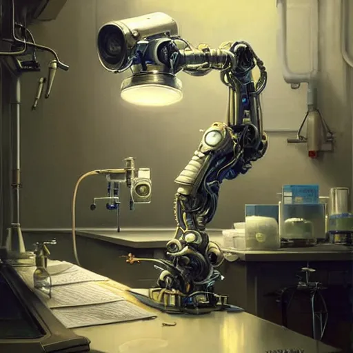Prompt: epic masterpiece of cinematographic hyperrealism where a robotic arm appears in a laboratory. realistic shaded lighting poster by craig mallismo, artgerm, jeremy lipkin and michael garmash, unreal engine, radiant light, detailed and intricate environment, digital art, art station trends