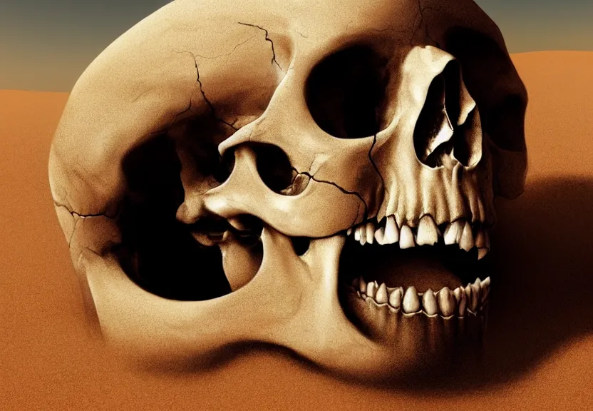 Image similar to close shot of a human skull buried in the sahara desert sand, a realistic digital painting by greg rutkowski and james gurney, trending on artstation, highly detailed