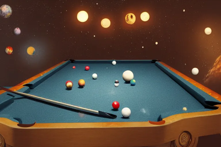 Image similar to a billiards table where the felt is made of galaxies, the balls are planets, matte painting, long shot, concept art, wide shot, digital art, trending on artstation, 4 k, extremely detailed, realistic, midday, warm colors, golden sunlight, by greg rutkowski, cinematic, epic