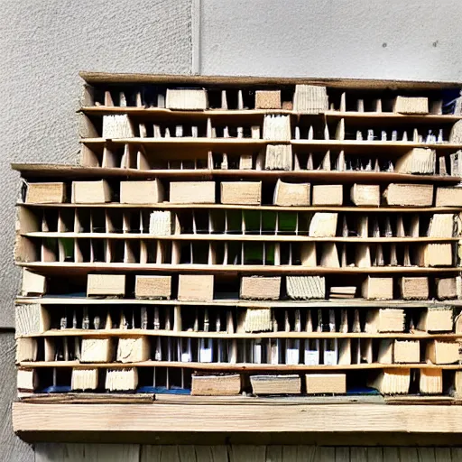 Prompt: insect hotel combined with modern buildings, cityscape, photograph