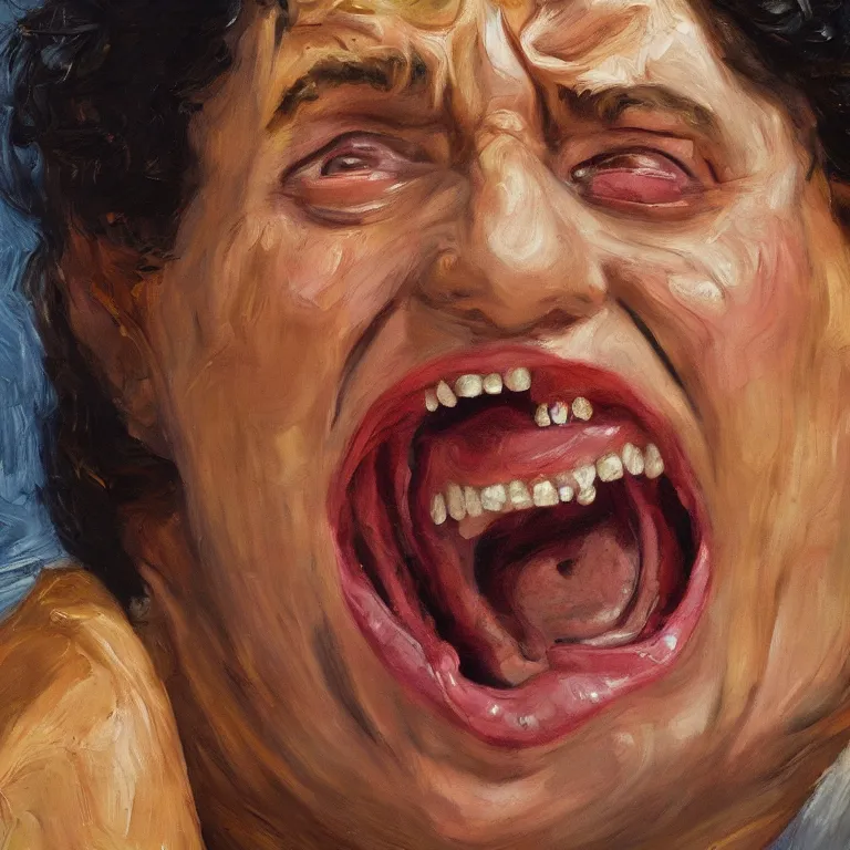 Image similar to warmly lit close up studio portrait of angry!! screaming! teenage Elaine Benes furious!, impasto oil painting thick brushstrokes by Lucian Freud and Cy Twombly and Tim Hawkinson , trending on artstation dramatic lighting Expressionism