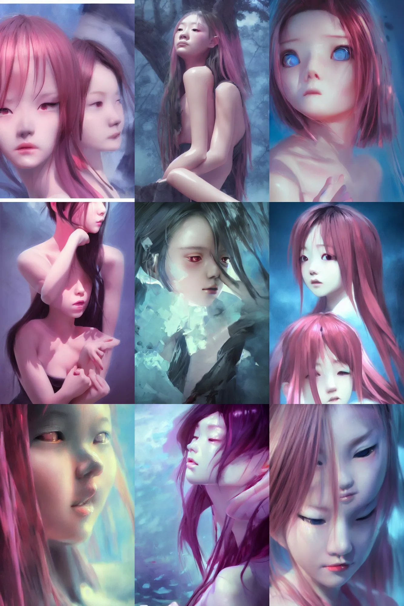 Image similar to 3d dark infrared octane render concept art by D. Jun, by Mo Xiang Tong Xiu, by Igarashi Daisuke, beauty portrait anime minimalists girls under dark pink and blue water. cute sad face. dramatic deep light, trending on artstation, oil painting.