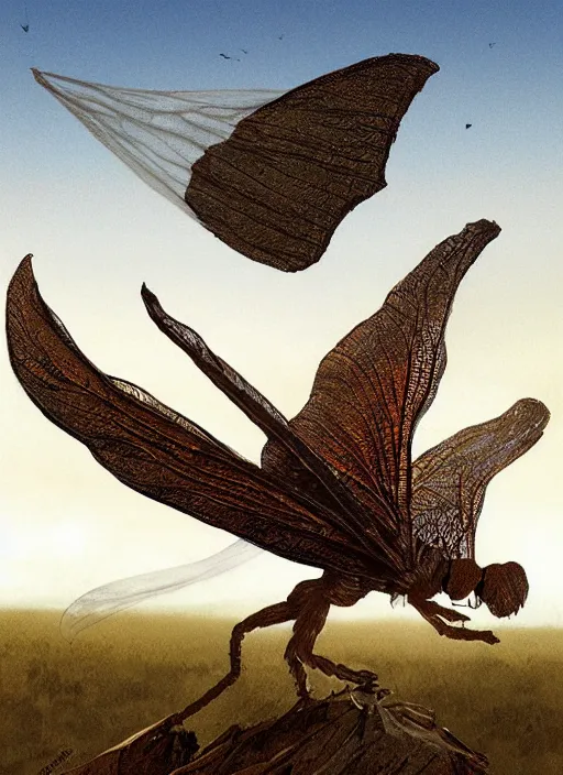 Prompt: giant manfly with long proboscis and wings, against dark background, fluid, smooth, organic, crazy, high contrast, sharpness, dramatic, by greg rutkowski and siudmak and richard corben and moebius