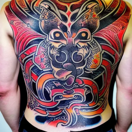 Prompt: photograph of a Japanese back tattoo, colourful ink, traditional Japanese pattern depicting a werewolf, highly-detailed, beautiful, award winning, 8k