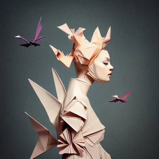 Image similar to 3 / 4 view of a beautiful girl wearing an origami dress, eye - level medium shot, hummingbirds, elegant, by eiko ishioka, givenchy, by peter mohrbacher, centered, fresh colors, origami, fashion, detailed illustration, vogue, high depth of field, japanese, reallusion character creator