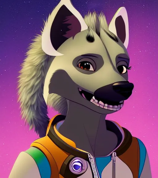 Prompt: digital detailed art of furry female hyena, in style of zootopia, fursona, furry, furaffinity, deviantart, wearing astronaut outfit, in style of disney zootopia, floating in space, space background, hyena fursona, cyberpunk, female, detailed face, style of artgerm,