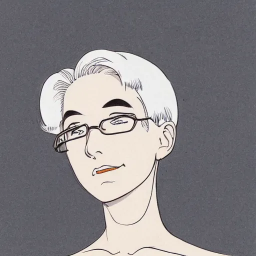 Prompt: portrait of a woman with short white hair, medium shot, illustration, highly detailed, high quality, by osamu tezuka