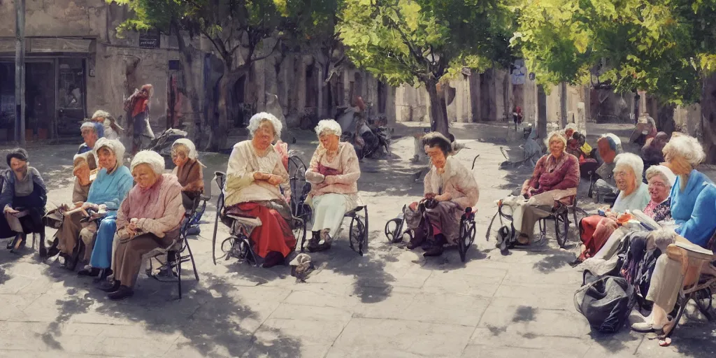 Prompt: a group of old women seated in the street speaking during a sunny day, artstation, detailed