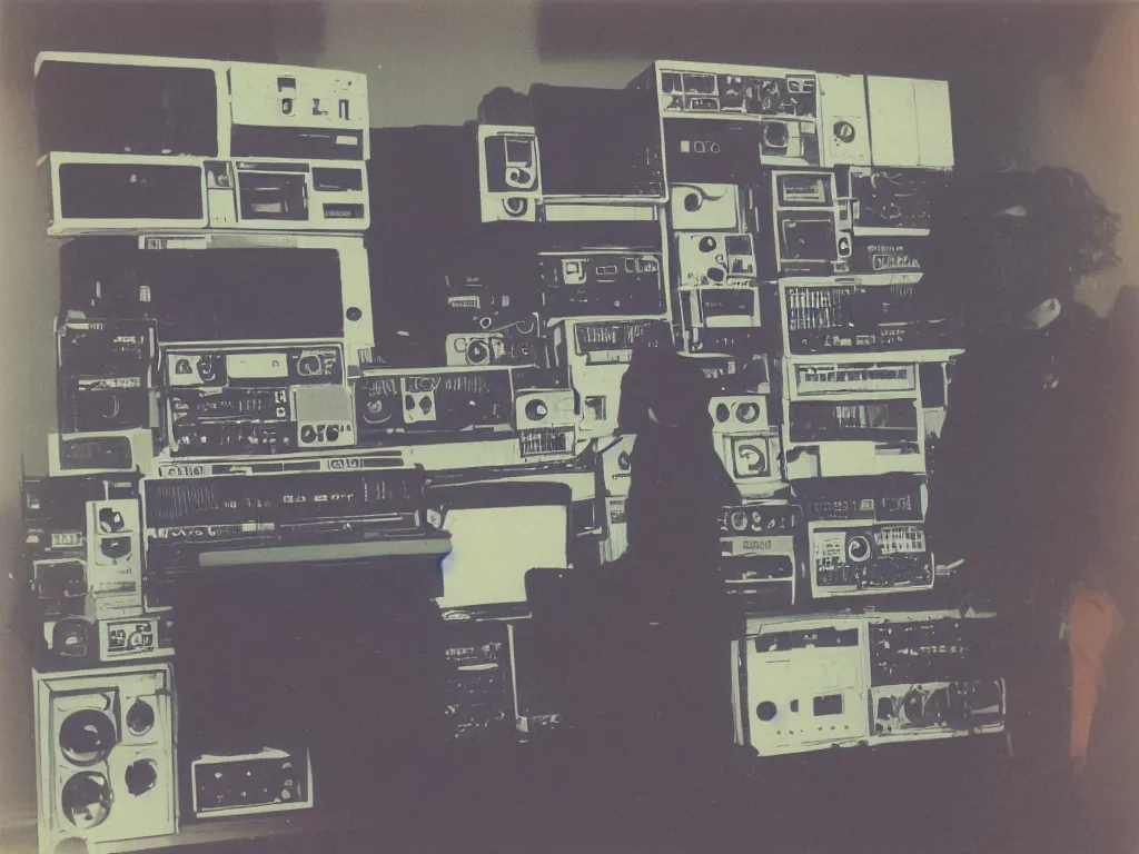 Image similar to 1980s polaroid colour flash photograph of a man made of 80s modular synthesizers