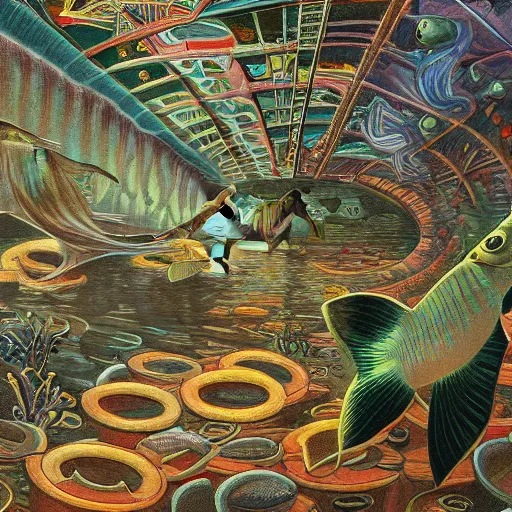 Prompt: fish swimming through the center of a destroyed flooded city, surrealism, deep aesthetic, abstract realism, highly ornate intricate details, 1 9 2 0's colored pencil, 4 k, cinematic lighting,