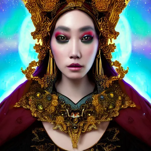 Image similar to a beautiful empress portrait, with a brilliant, impossible striking big cosmic galaxy headpiece, clothes entirely made out of cosmos chaos energy, symmetrical, dramatic studio lighting, rococo, baroque, jewels, asian, hyperrealism, closeup, D&D, fantasy, intricate, elegant, highly detailed, digital painting, artstation, octane render, 8k, concept art, matte, sharp focus, illustration, art by Artgerm and Greg Rutkowski and Alphonse Mucha