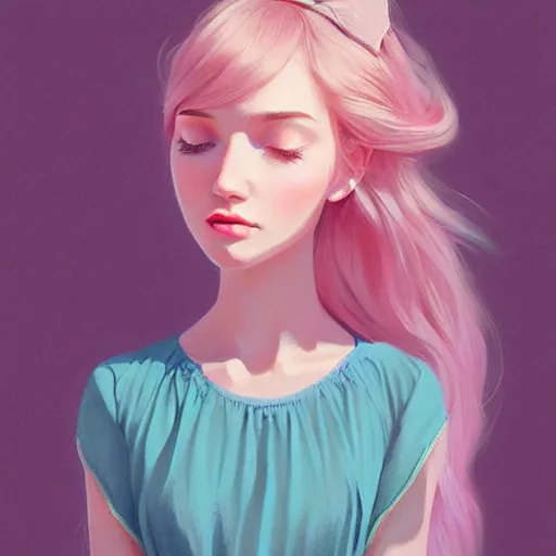 Image similar to young girl in summer dress art, pastel light pink long hair, muted colors, matte print, pastel colors, ornate, digital art, digital painting, fan art, elegant, artstation, head is centered, by Ilya Kuvshinov