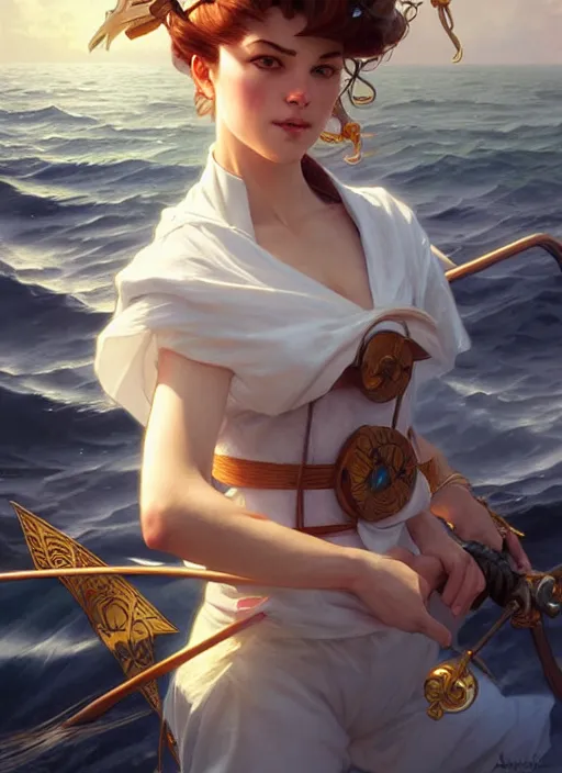 Image similar to sailor on its boat, fantasy, highly detailed, digital painting, artstation, concept art, wallpaper, smooth, sharp focus, illustration, art by artgerm and greg rutkowski and alphonse mucha