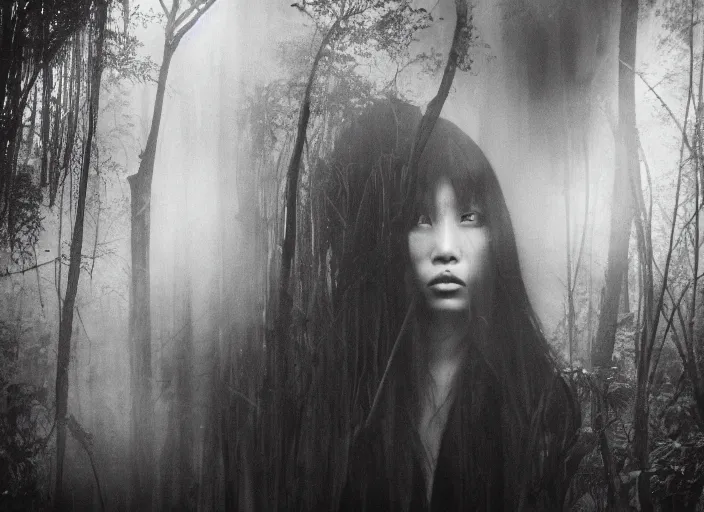 Prompt: a female model with long black hair, emerging from a dense misty jungle wearing camouflage by yohji yamamoto, in the style of daido moriyama, analogue photography, double exposure, hyper realistic, cinematic