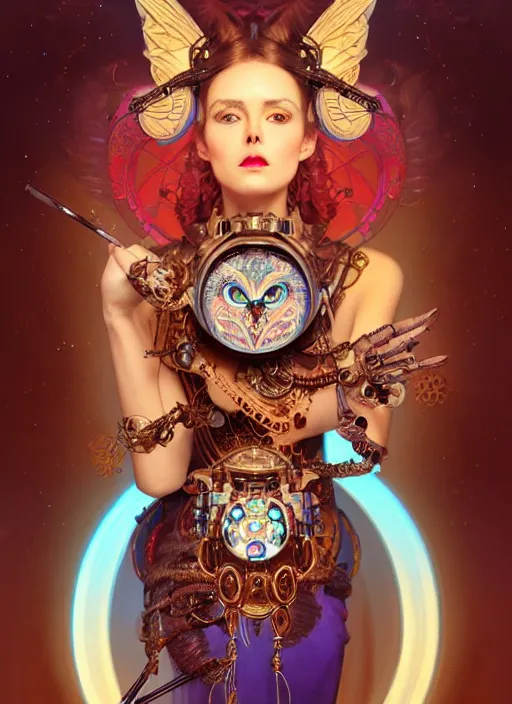 Image similar to the goddess artemis smirking with mechanical owl perched on her shoulder, steampunk, glowing eyes, volumetric lights, red and cyan theme, art nouveau botanicals, intricate, highly detailed, digital painting, artstation, concept art, smooth, sharp focus, cinematic, illustration, beautiful face, art by artgerm and greg rutkowski and alphonse mucha