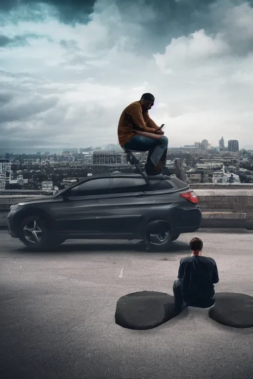 Image similar to Photo of a man sitting on the car roof in the heavy in front of the city that sank, hyper realistic, outdoor lighting, dynamic lighting, volumetric, wide angle, anamorphic lens, go pro, 4k