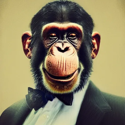 Image similar to a high detail portrait of a chimp wearing a suit 👔,and smoking🚬