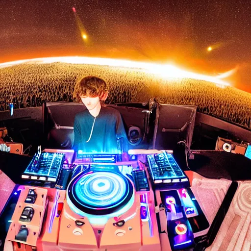 Prompt: dj madeon playing a live show on the surface of the sun