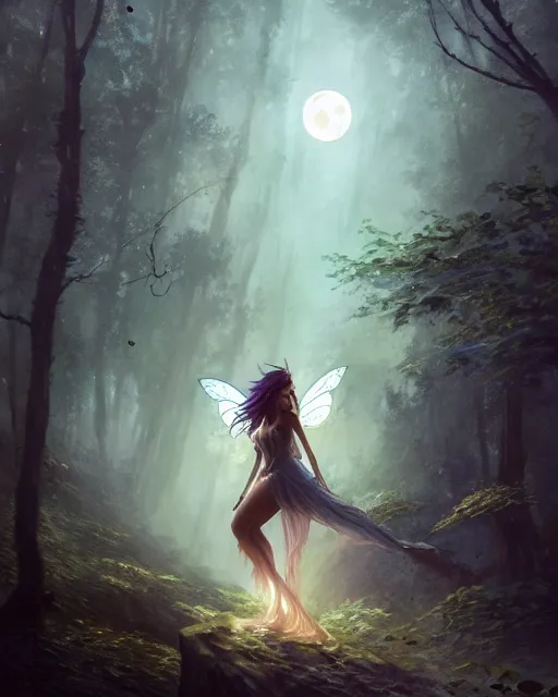 Prompt: attractive fairy goddness fly high in the night, d & d, fantasy, mist, full moon in background, trees, hyper detailed, art by artgerm and greg rutkowski and magali villeneuve, midium shot, 8 k realistic, cryengine, digital painting, trending on artstation, concept art, sharp focus, illustration,