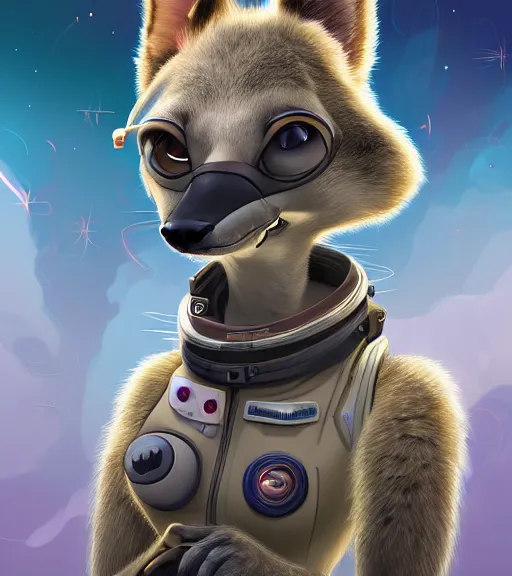 Image similar to digital detailed portrait of anthromorphic female hyena, in style of zootopia, fursona, furry, furaffinity, 4 k, deviantart, wearing astronaut outfit, in style of disney zootopia, floating in space, space background, in deep space, dark background, hyena fursona, cyberpunk, female, detailed face,