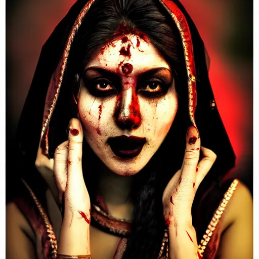 Image similar to beautiful Hindu lady of the dark with veil, in darkness, cover with blood, horror terrifying, soft light, surreal realistic, photorealistic, hyper details, full HD, 8k!