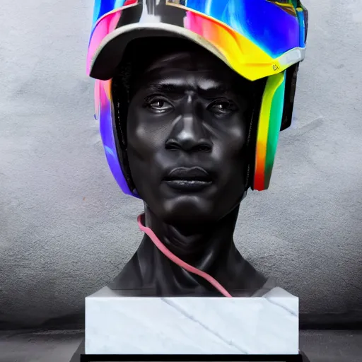 Image similar to extremely beautiful photo of a white marble statue of a black man with colorful motocross logos and motorcycle helmet with closed visor, colorful smoke in the background, carved marble statue, fine art, neon genesis evangelion, highly detailed, 8 k, hyperreal