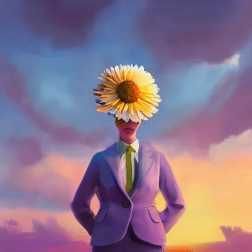 Image similar to huge daisy flower head, frontal, girl in a suit, surreal photography, sunrise, dramatic light, impressionist painting, digital painting, artstation, simon stalenhag