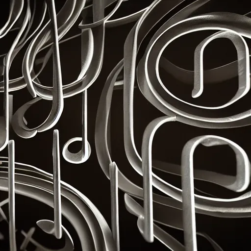 Image similar to a sculpture of music notation, three quater notes, art installation, made of polished broze, cinematic light, 8 k, octane render, reflections,