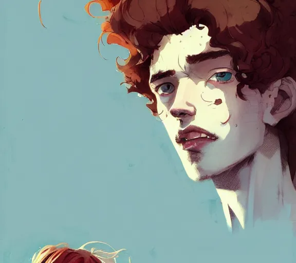 Image similar to portrait men with red curly hair and bright eyes atey ghailan, by greg rutkowski, by greg tocchini, by james gilleard, by joe fenton, by kaethe butcher, by ashley wood, dynamic lighting, gradient light blue, brown, blonde cream and white color scheme, grunge aesthetic