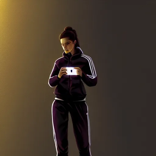 Image similar to portrait of attractive slav heroine wearing an addidas tracksuit with a phone in hand. illuminated phone screen, slav building in backround, by greg rutkowski and wlop, detailed, cinematic, 8 k, intricate, rule of thirds.