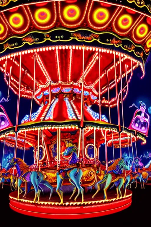 Prompt: a hyperrealistic detailed painting of an ornate carnival with glowing lights, colorful, chimeric nightmare horror creatures riding on carousel. cinematic lighting, depth perspective, depth of field, by chris cunningham and richard corben, highly detailed, vivid color,