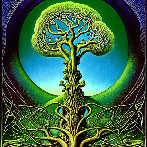 Image similar to sacred mulberry tree by roger dean and andrew ferez, art forms of nature by ernst haeckel, divine chaos engine, tree of life, symbolist, visionary, art nouveau, botanical fractal structures, lightning, surreality, lichtenberg figure