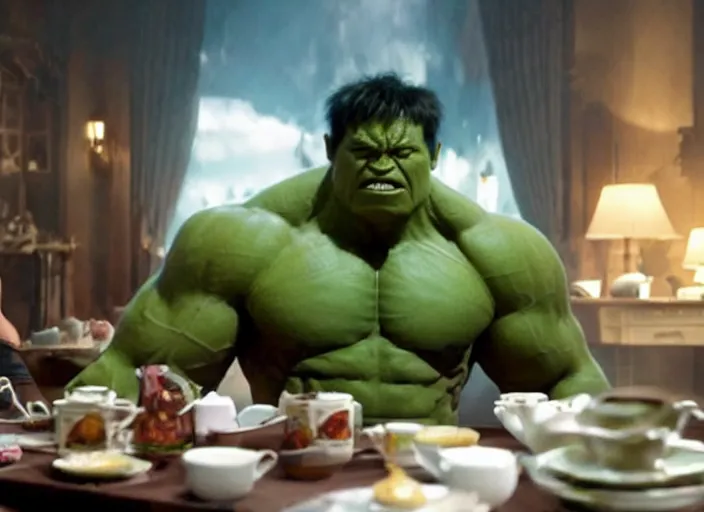 Prompt: film still of hulk having a tea party in the new avengers movie, 4 k