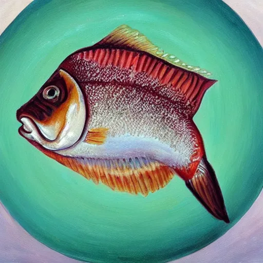 Prompt: realistic painting of a fish transforming into a sausage, presentation on a plate, mid - transform