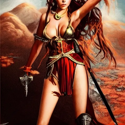 Prompt: barbara palvin posing as an amazon holding a sword, volcanic background, 1 9 8 0's art, retro art, airbrush style, intricate, elegant, sharp focus, illustration, highly detailed, concept art, matte, sharp focus