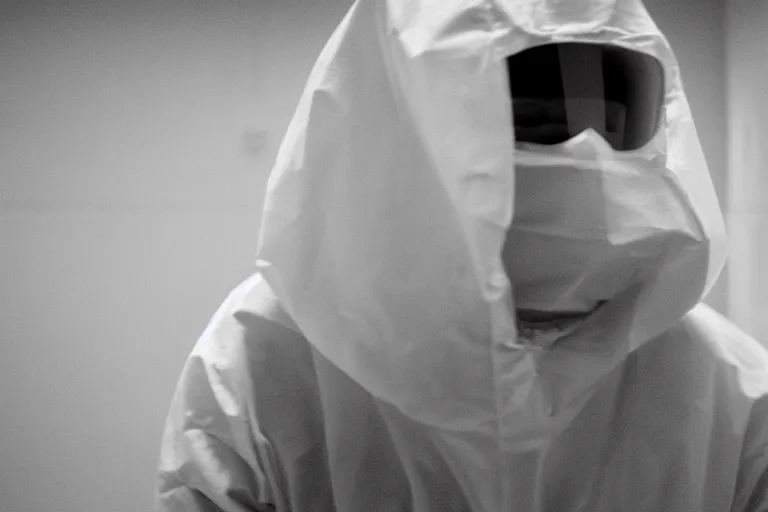 Prompt: a cinematic portrait of a prisoner dressed in a a black and white hazmat suit in a small prison cell, dust storm, annie leibovitz and zack snyder, 8 k, hd, high resolution, 8 5 mm, f / 1. 8