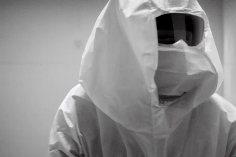 Image similar to a cinematic portrait of a prisoner dressed in a a black and white hazmat suit in a small prison cell, dust storm, annie leibovitz and zack snyder, 8 k, hd, high resolution, 8 5 mm, f / 1. 8