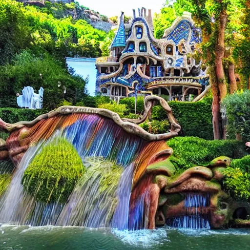 Image similar to valley village on the lake, waterfalls, flowers and intricate detailed visionary architecture and gardens by antoni gaudi, john stephens, alex gray