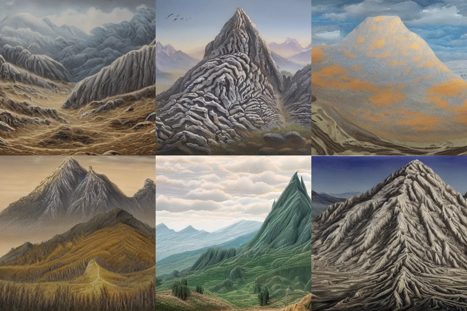 Prompt: highly detailed landscape painting of a mountain that is made of human skeletal remains instead of rocks