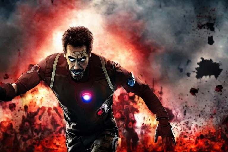 Image similar to film still of zombie zombie zombie Tony Stark as a zombie in new avengers movie, 4k