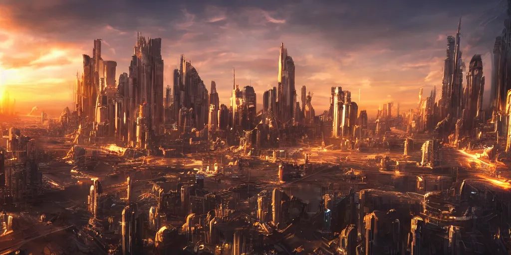 Image similar to sci-fi city landscape sunset, photorealistic, 8k, high detail, high definition,