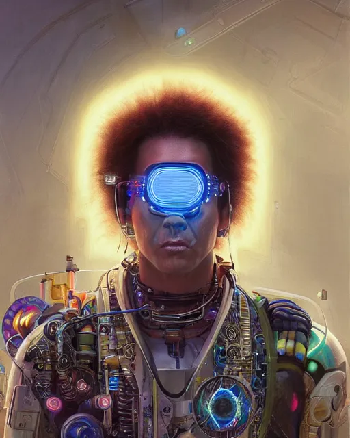 Image similar to a futuristic male hippie wearing tie - dye and cybernetic - implants | cyberpunk art | highly detailed | very intricate | symmetrical | cinematic lighting | award - winning | closeup portrait | painted by donato giancola and mandy jurgens and rossdraws and rhads | featured on artstation