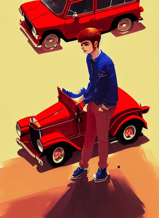 Image similar to teenage archie andrews, in a red ford model t, intricate, elegant, glowing lights, highly detailed, digital painting, artstation, sharp focus, illustration, art by wlop, mars ravelo and greg rutkowski