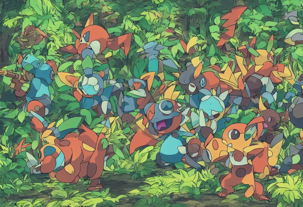 Prompt: colorful pokemon that looks like a military tank, lush jungle scene, post apocalyptic, shot on film, art by studio ghibli