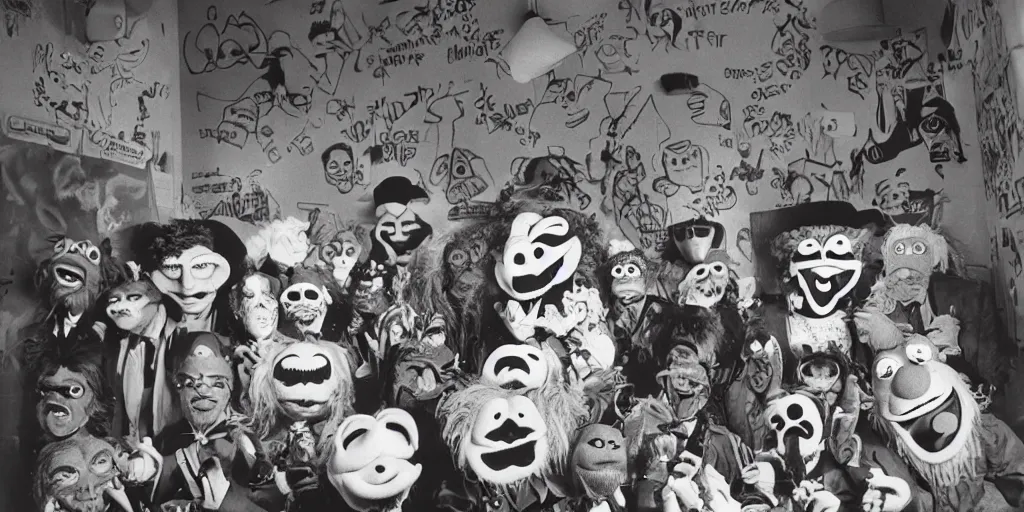 Prompt: jim henson muppet band wearing Halloween masks, 1980s surrealism aesthetic, detailed facial expressions, graffiti on the walls and ceiling